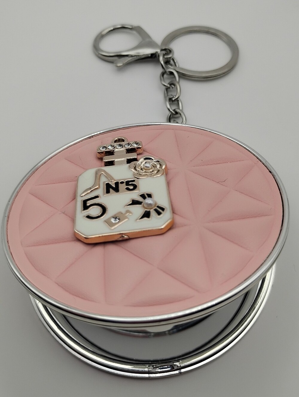 Unbranded Pink Compact Mirror Keychain with Perfume Charm